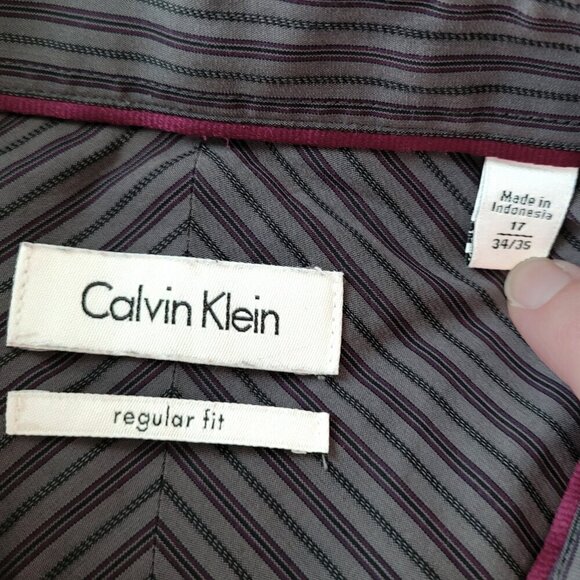 Calvin Klein Regular Fit Button Down Dark Grey Discrete Burgundy Striped Shirt - Picture 3 of 7
